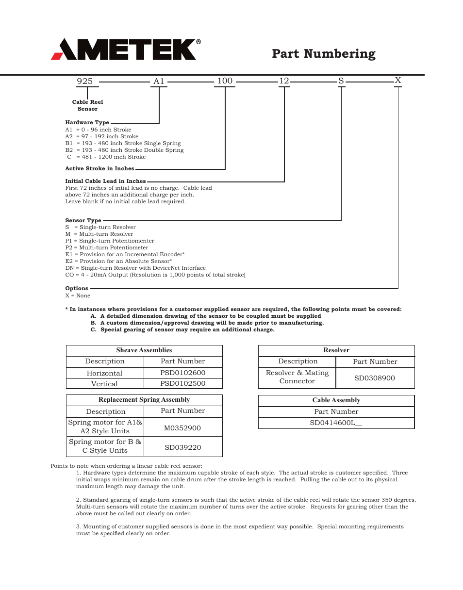 Part numbering, 12 s x | AMETEK 925 Linear Cable Reel Sensor User Manual | Page 3 / 8