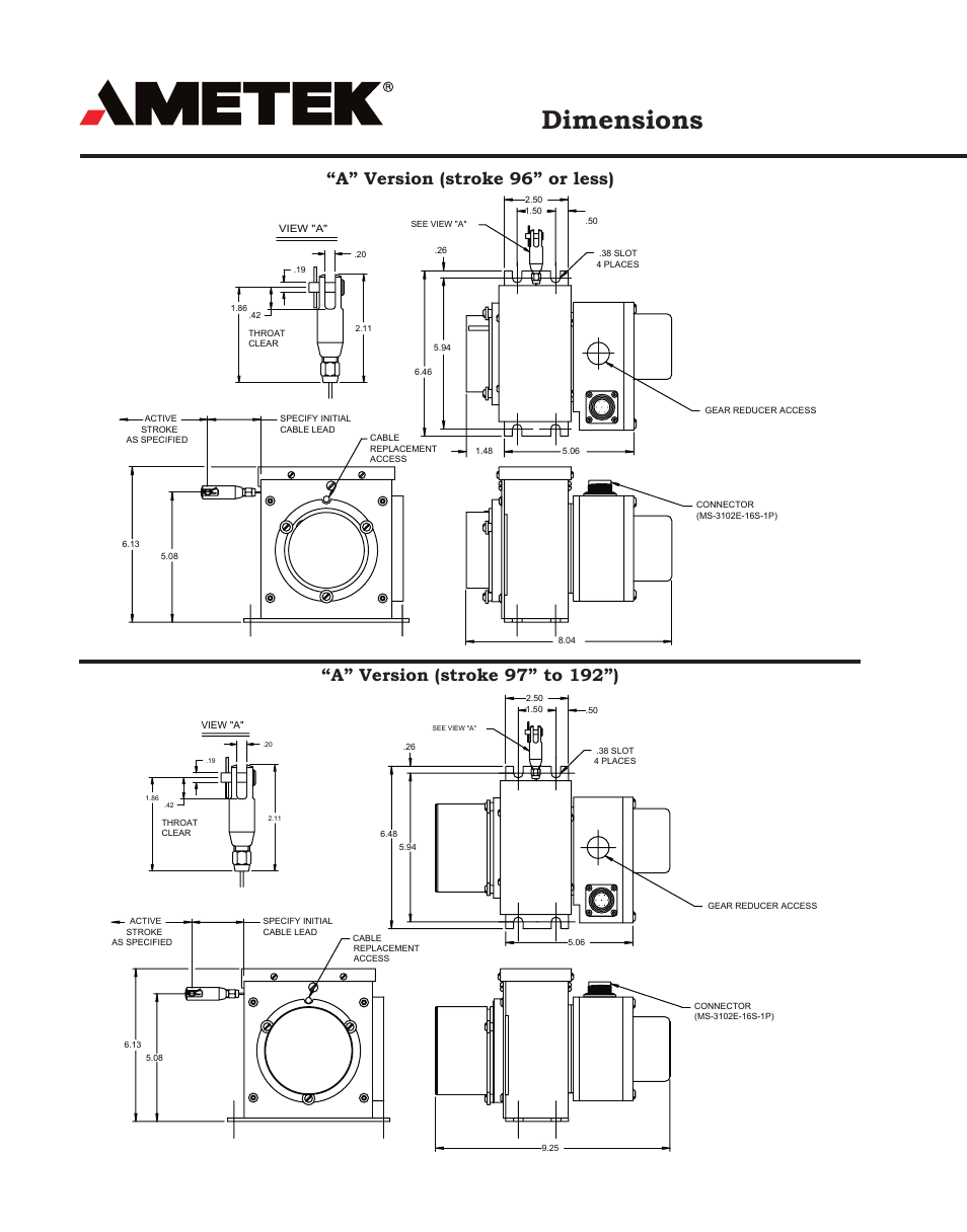 Dimensions | AMETEK 925 Linear Cable Reel Sensor User Manual | Page 4 / 8