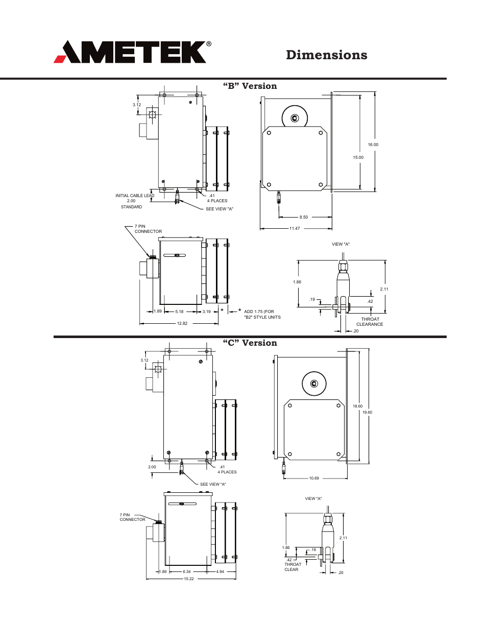 Dimensions, B” version, C” version | AMETEK 925 Linear Cable Reel Sensor User Manual | Page 5 / 8