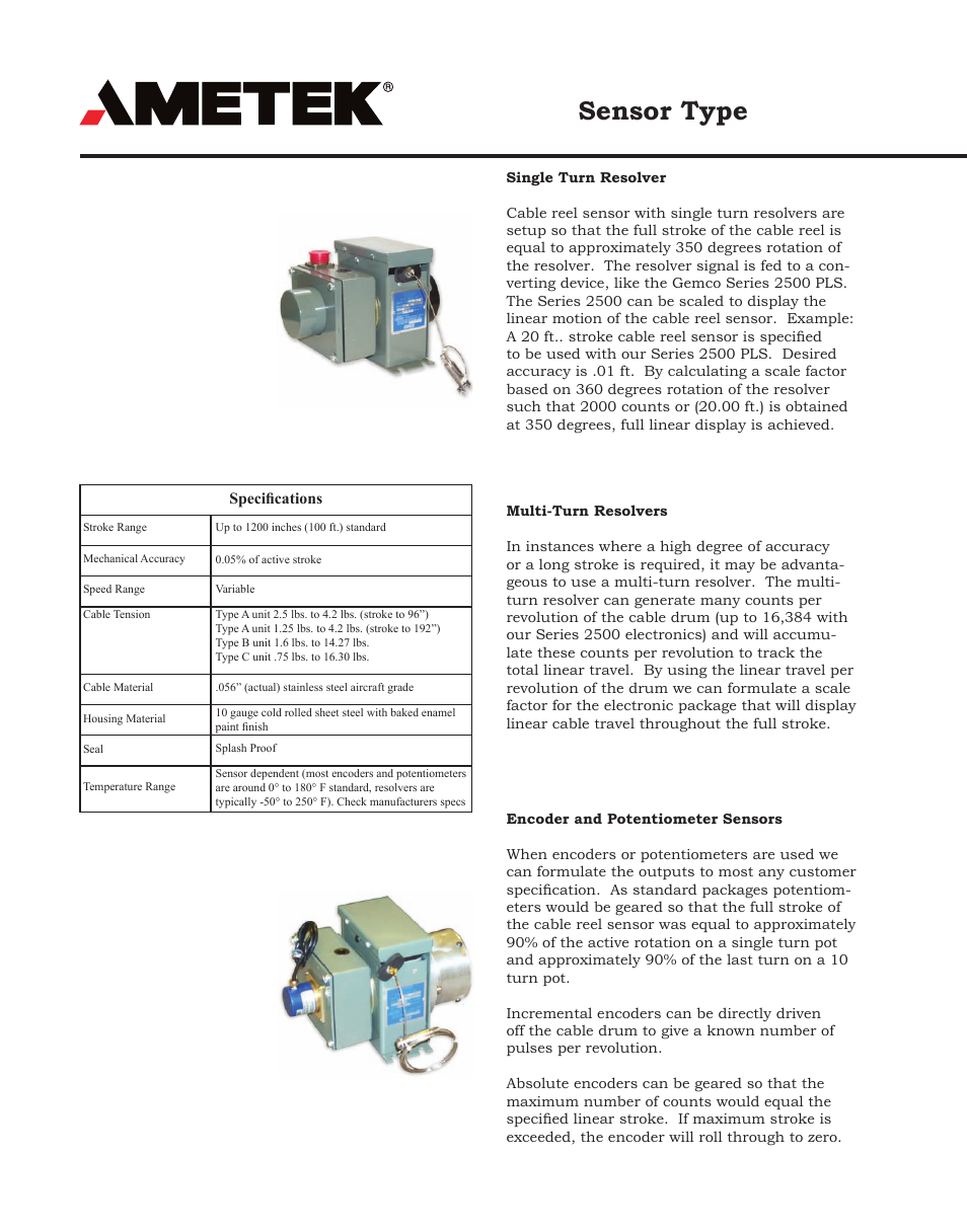 Sensor type | AMETEK 925 Linear Cable Reel Sensor User Manual | Page 6 / 8