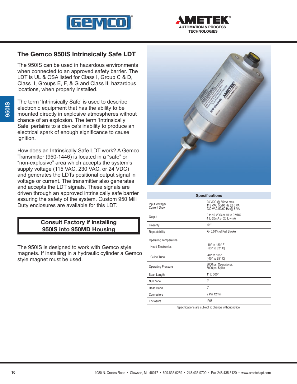 The gemco 950is intrinsically safe ldt, 950is | AMETEK 1986XPJ Explosion Proof Resolver User Manual | Page 10 / 71