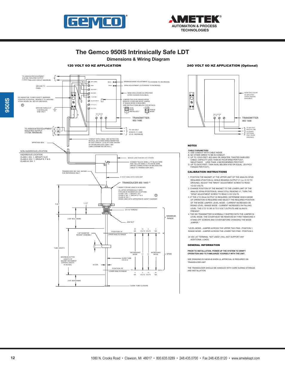 950is intrinsically safe, The gemco 950is intrinsically safe ldt, 950is | Dimensions & wiring diagram, Automation & process technologies, 24o volt 6o hz application (optional), 120 volt 6o hz application | AMETEK 1986XPJ Explosion Proof Resolver User Manual | Page 12 / 71