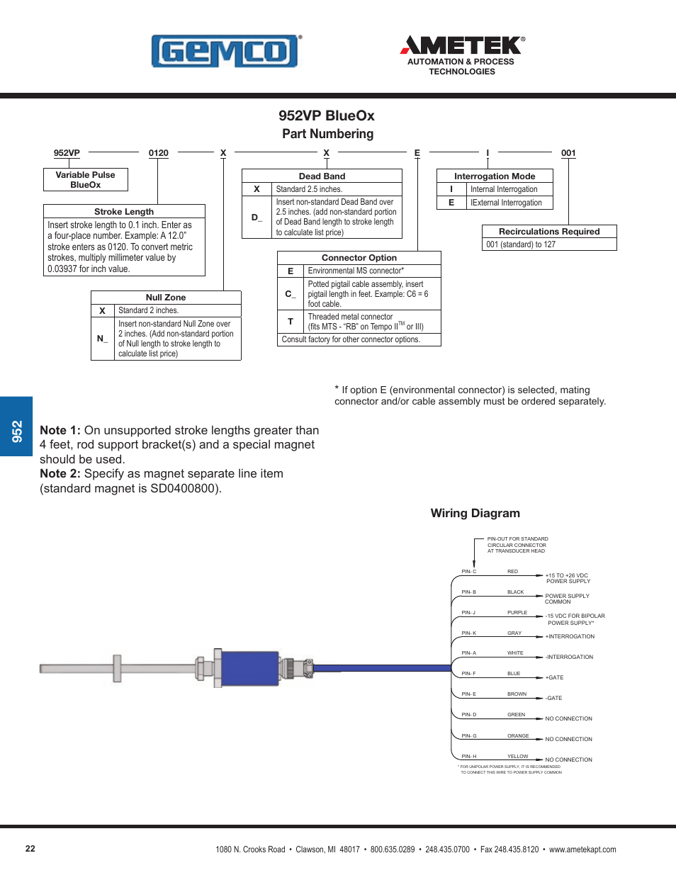 952vp blueox, Part numbering, Wiring diagram | AMETEK 1986XPJ Explosion Proof Resolver User Manual | Page 22 / 71