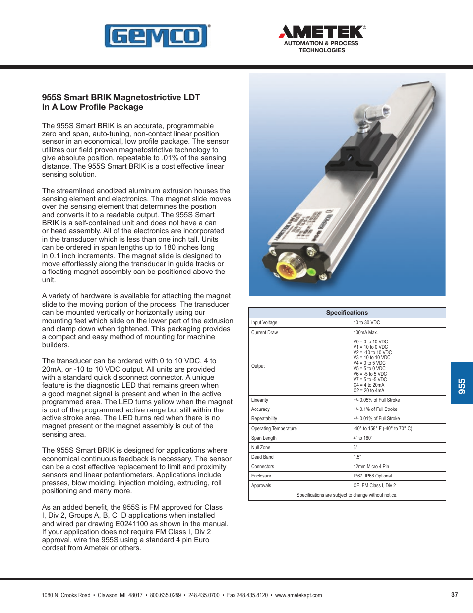 955s smart brik, Magnetostrictive ldt in a low profile package | AMETEK 1986XPJ Explosion Proof Resolver User Manual | Page 37 / 71