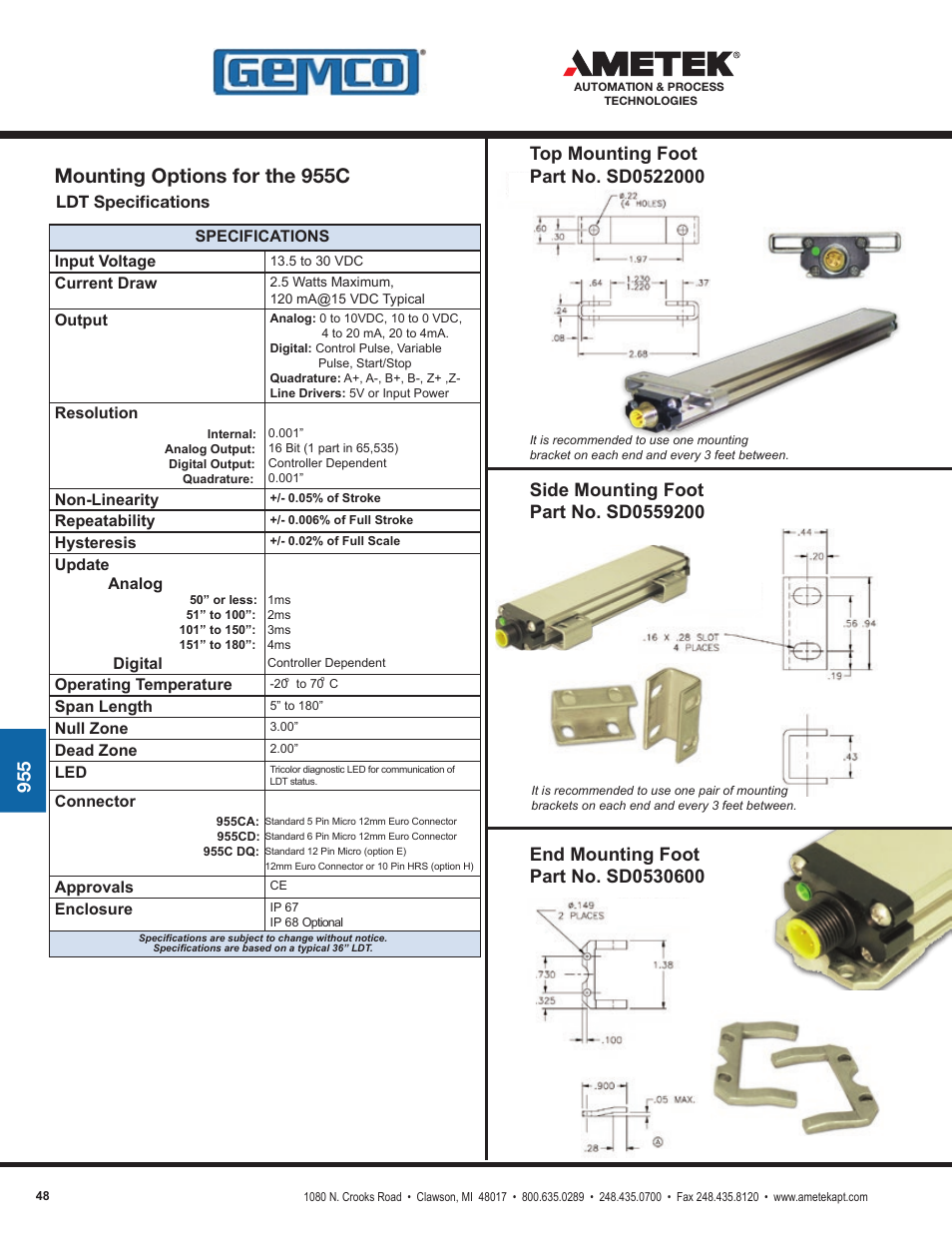 Mounting options for the 955c, Ldt specifications | AMETEK 1986XPJ Explosion Proof Resolver User Manual | Page 48 / 71