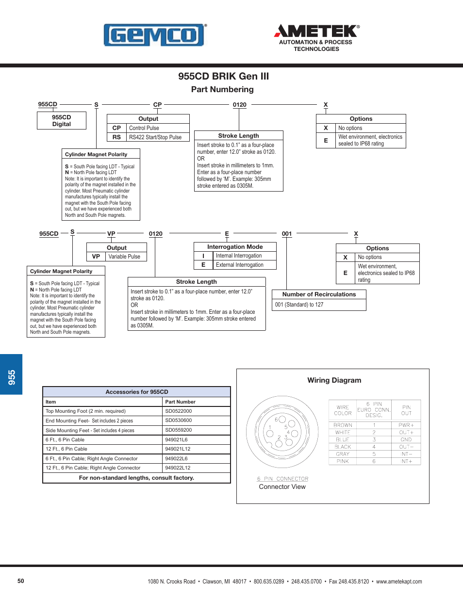 955cd brik gen iii, Part numbering, Wiring diagram | AMETEK 1986XPJ Explosion Proof Resolver User Manual | Page 50 / 71