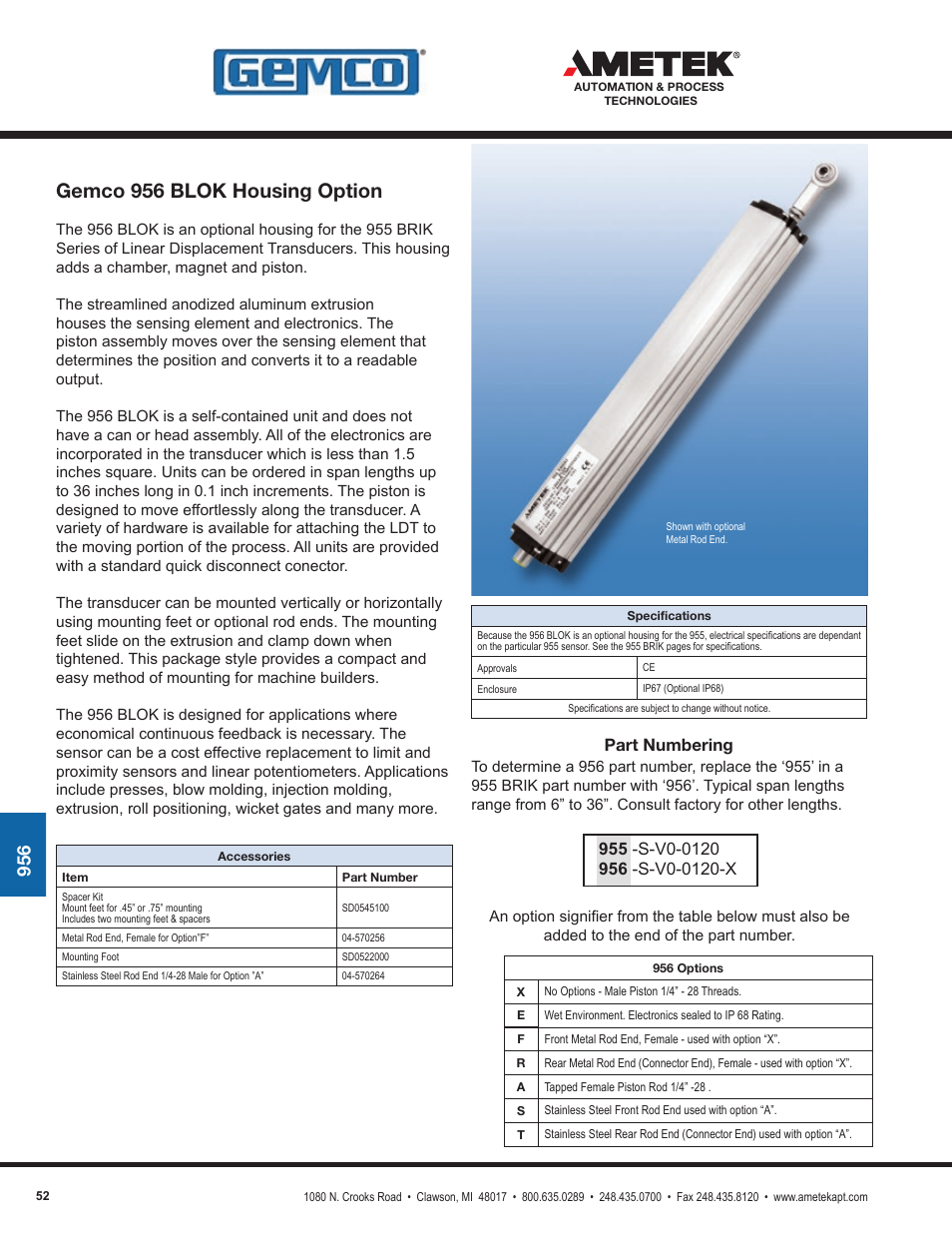 Gemco 956 blok housing option, Part numbering | AMETEK 1986XPJ Explosion Proof Resolver User Manual | Page 52 / 71
