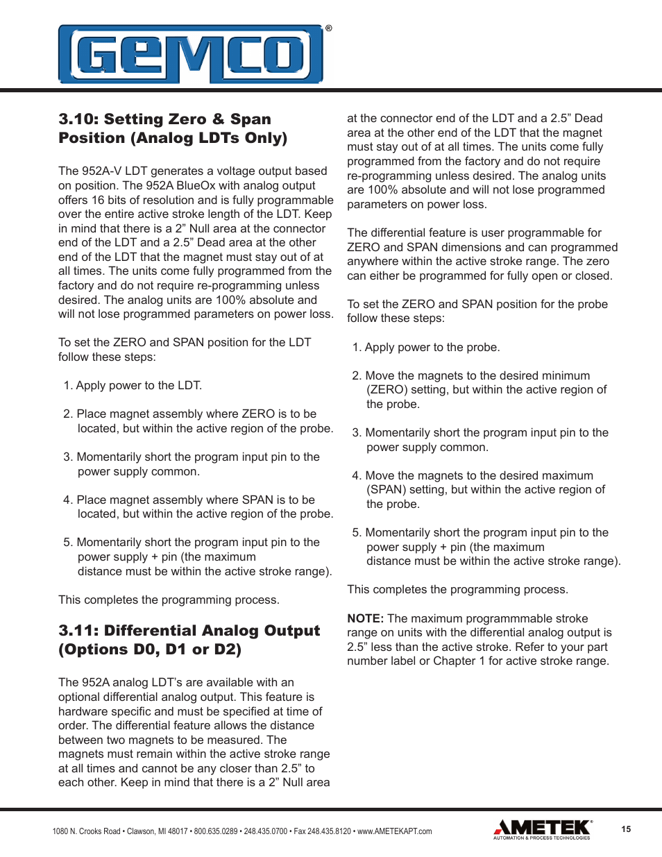 Setting zero & span position (analog ldts only), Differential analog output (options d0, d1 or d2) | AMETEK 952 BlueOx LDT User Manual | Page 15 / 36