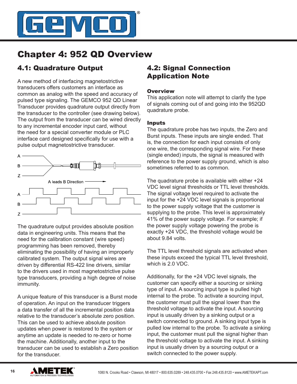 Chapter 4: 952 qd overview, Quadrature output | AMETEK 952 BlueOx LDT User Manual | Page 16 / 36