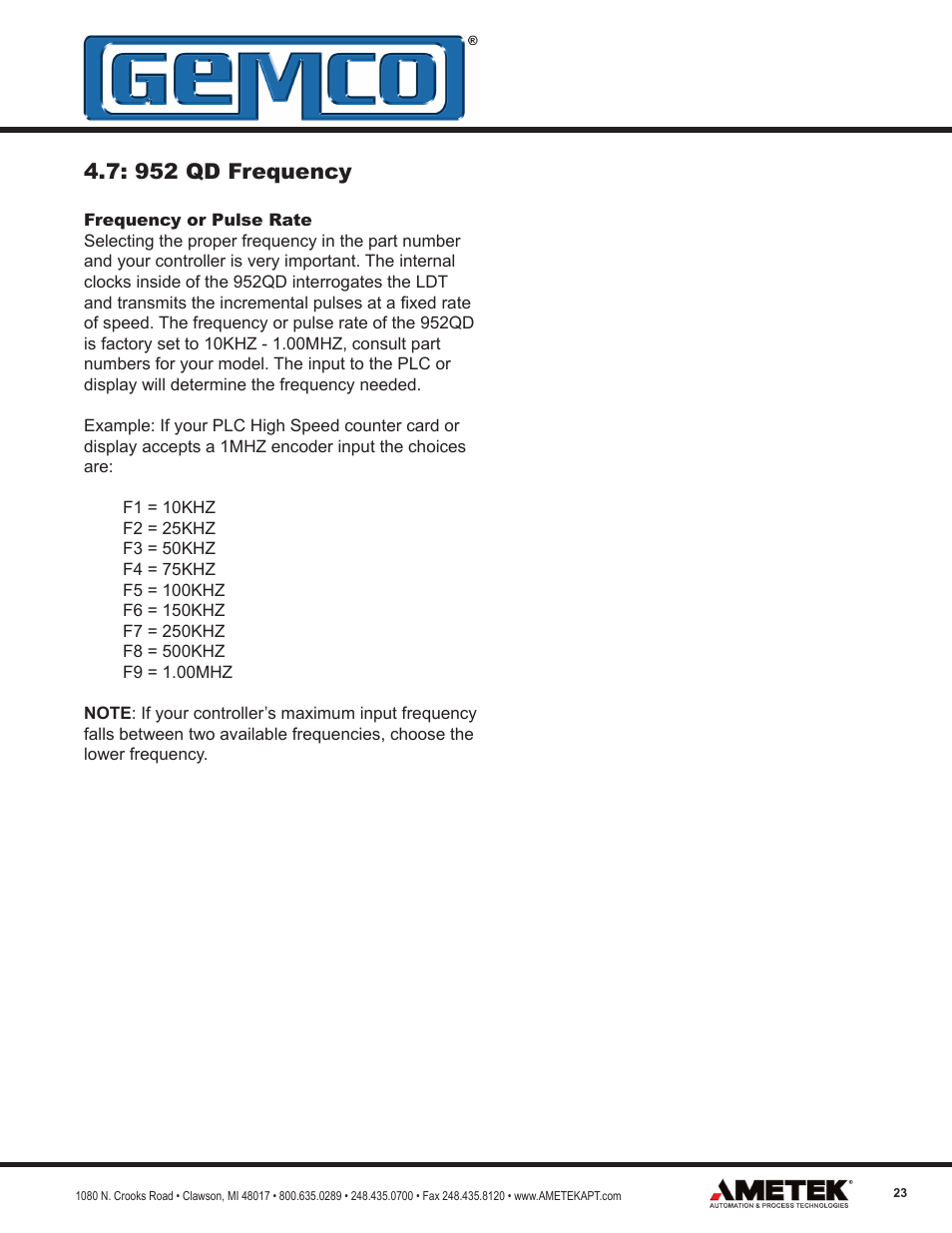 952 qd frequency | AMETEK 952 BlueOx LDT User Manual | Page 23 / 36