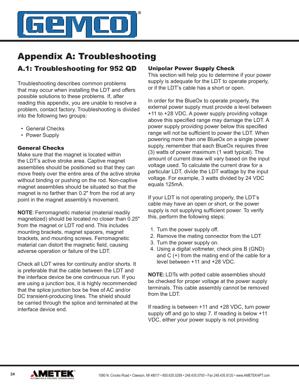 Appendix a: troubleshooting, A.1: troubleshooting for 952 qd | AMETEK 952 BlueOx LDT User Manual | Page 24 / 36