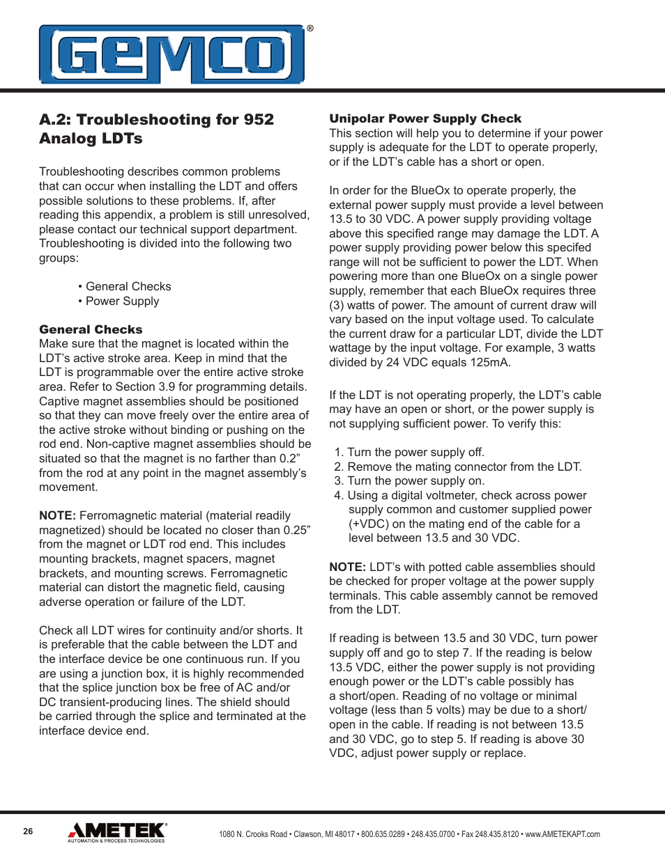 A.2: troubleshooting for 952 analog ldts | AMETEK 952 BlueOx LDT User Manual | Page 26 / 36