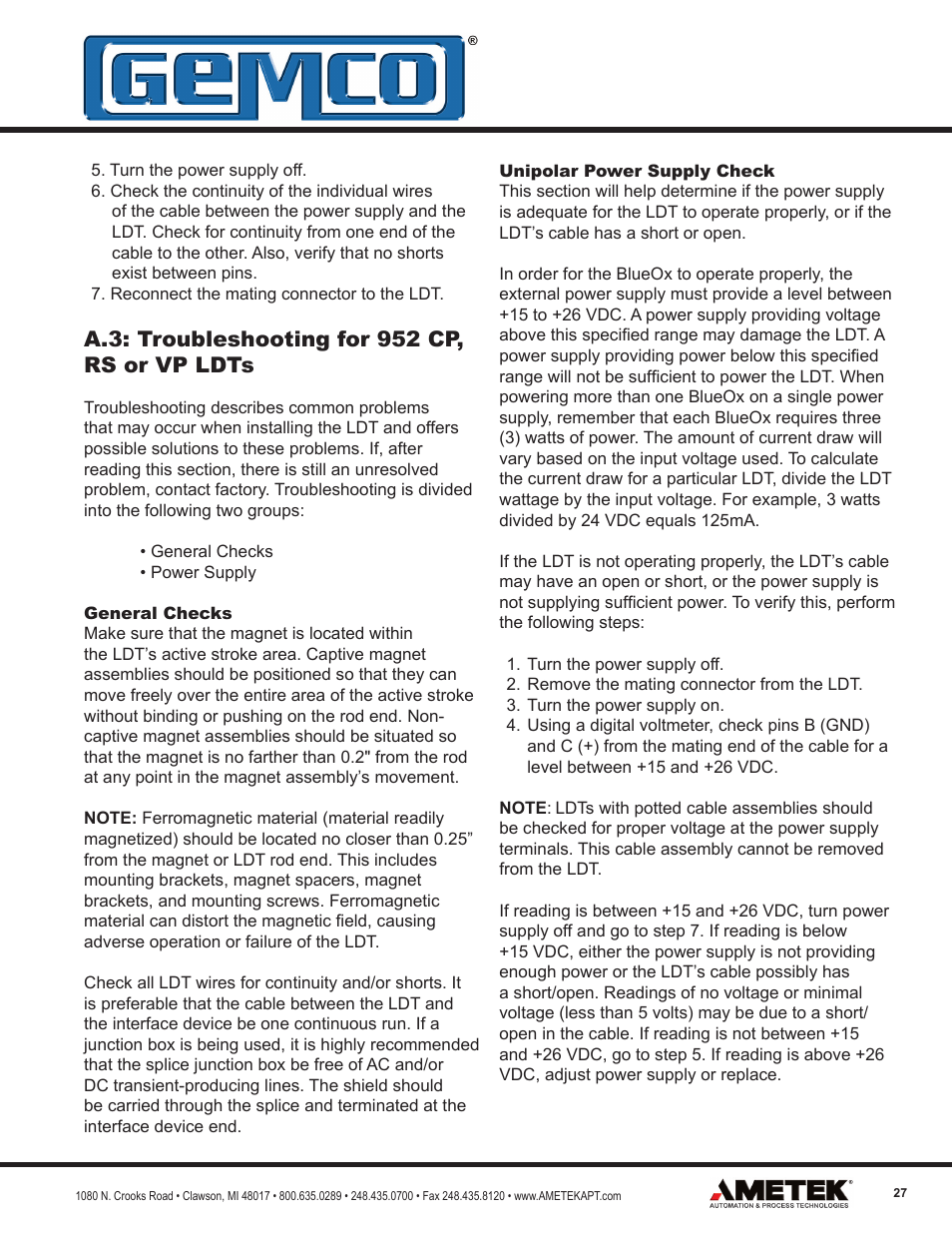 A.3: troubleshooting for 952 cp, rs or vp ldts | AMETEK 952 BlueOx LDT User Manual | Page 27 / 36