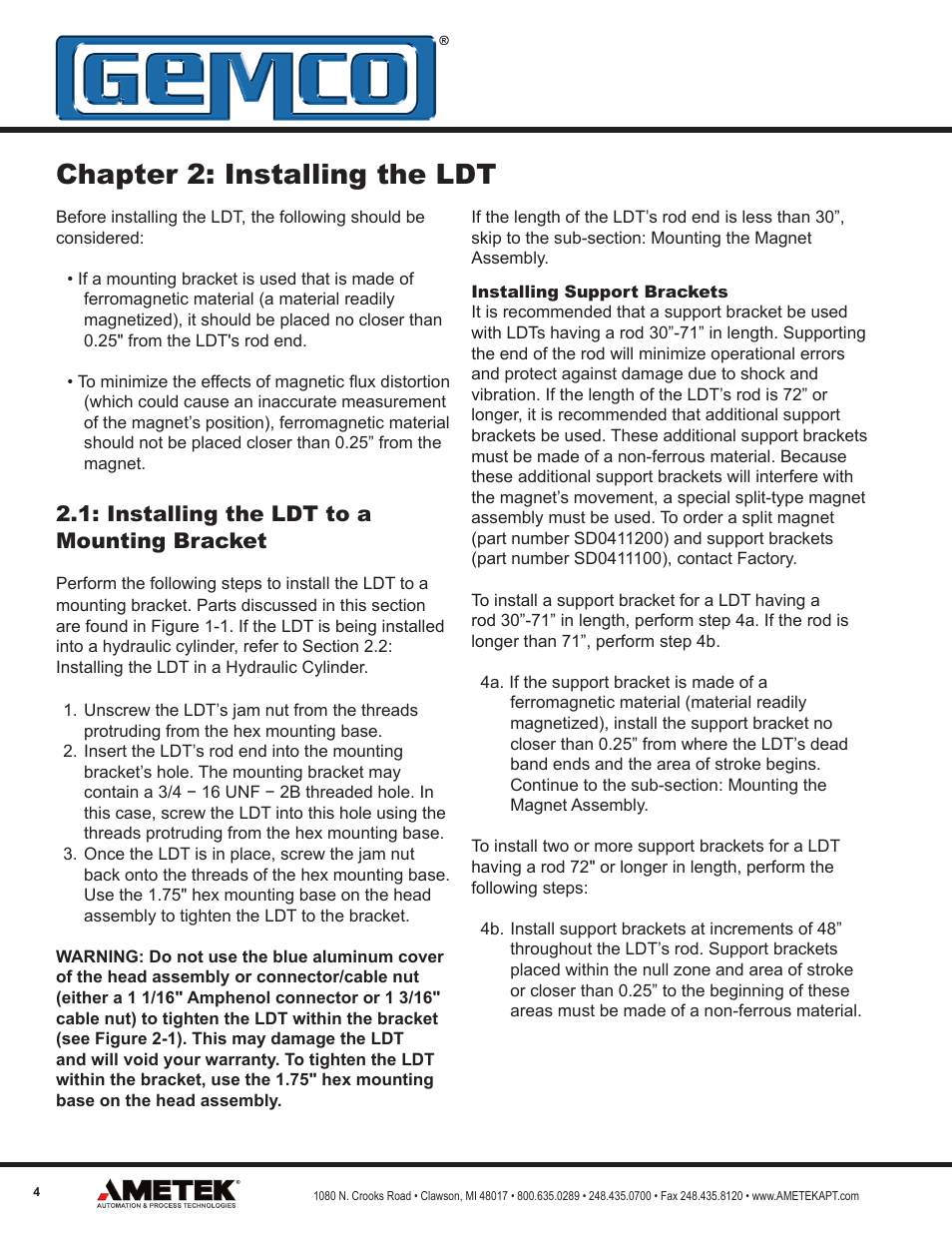 Chapter 2: installing the ldt, Installing the ldt to a mounting bracket | AMETEK 952 BlueOx LDT User Manual | Page 4 / 36