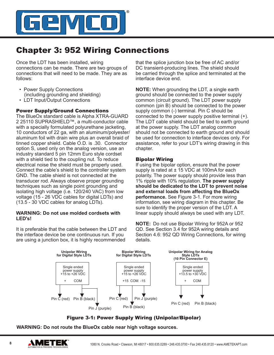 Chapter 3: 952 wiring connections | AMETEK 952 BlueOx LDT User Manual | Page 8 / 36