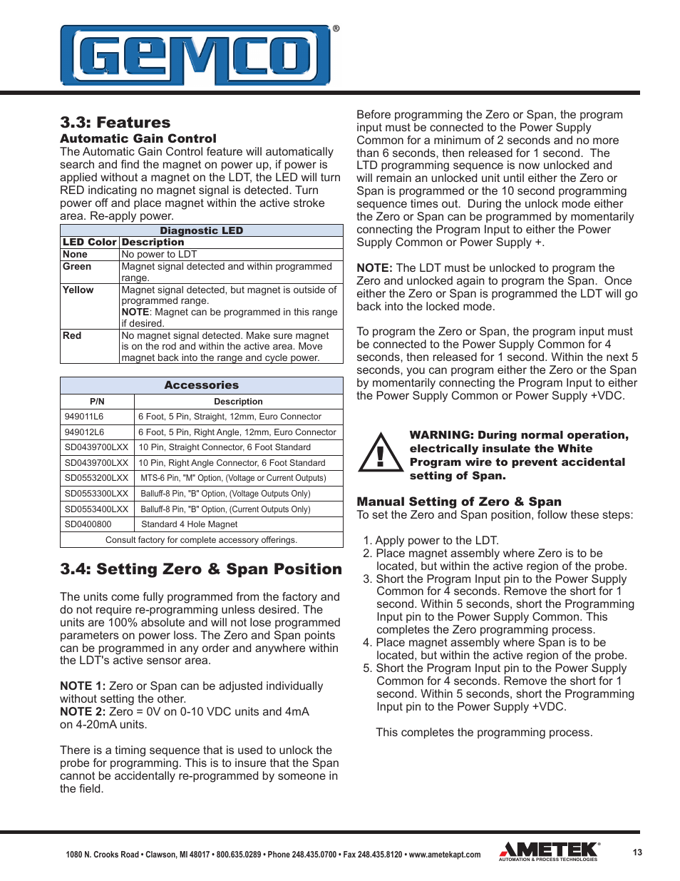 Features, Setting zero & span position | AMETEK 953 VMAX LDT User Manual | Page 13 / 18