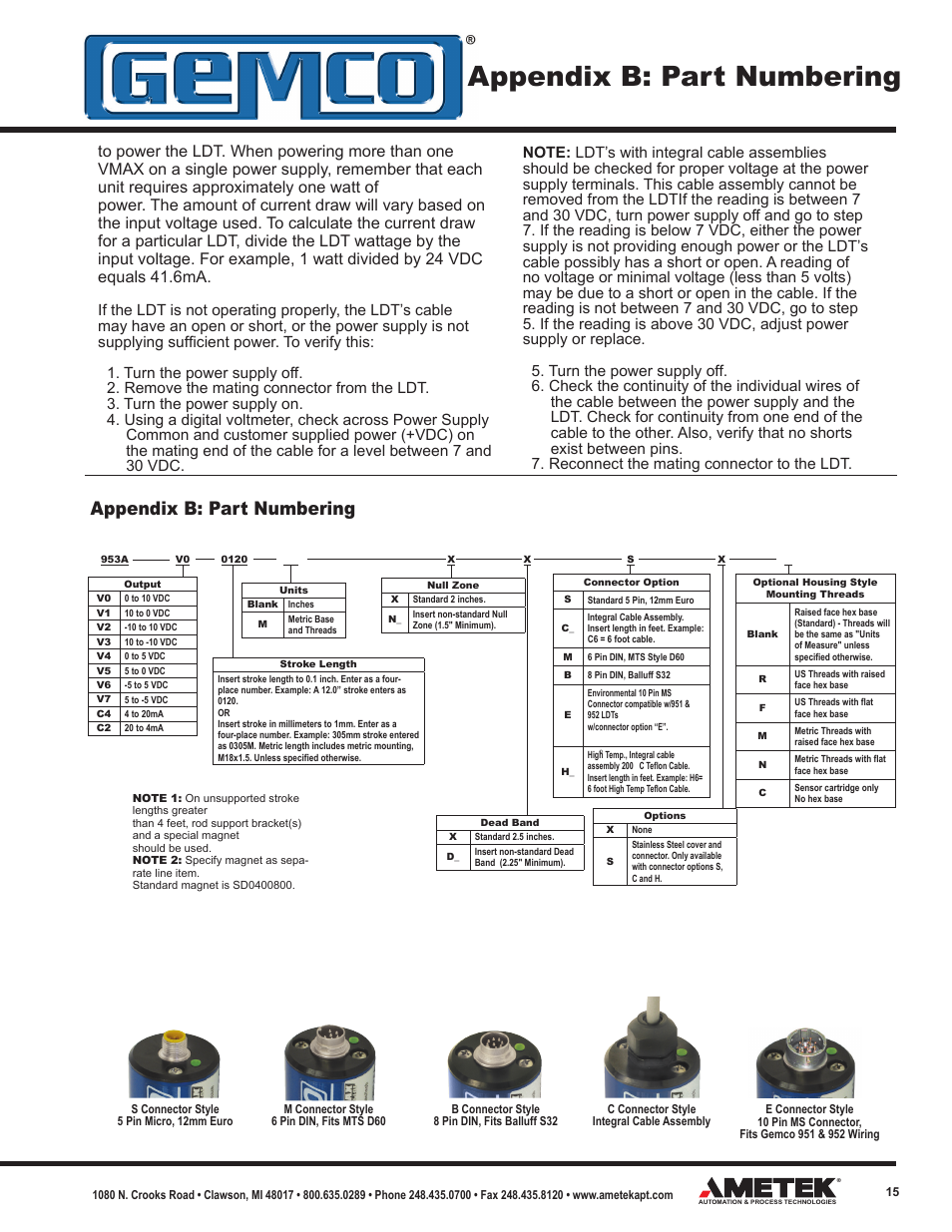 Appendix b: part numbering | AMETEK 953 VMAX LDT User Manual | Page 15 / 18