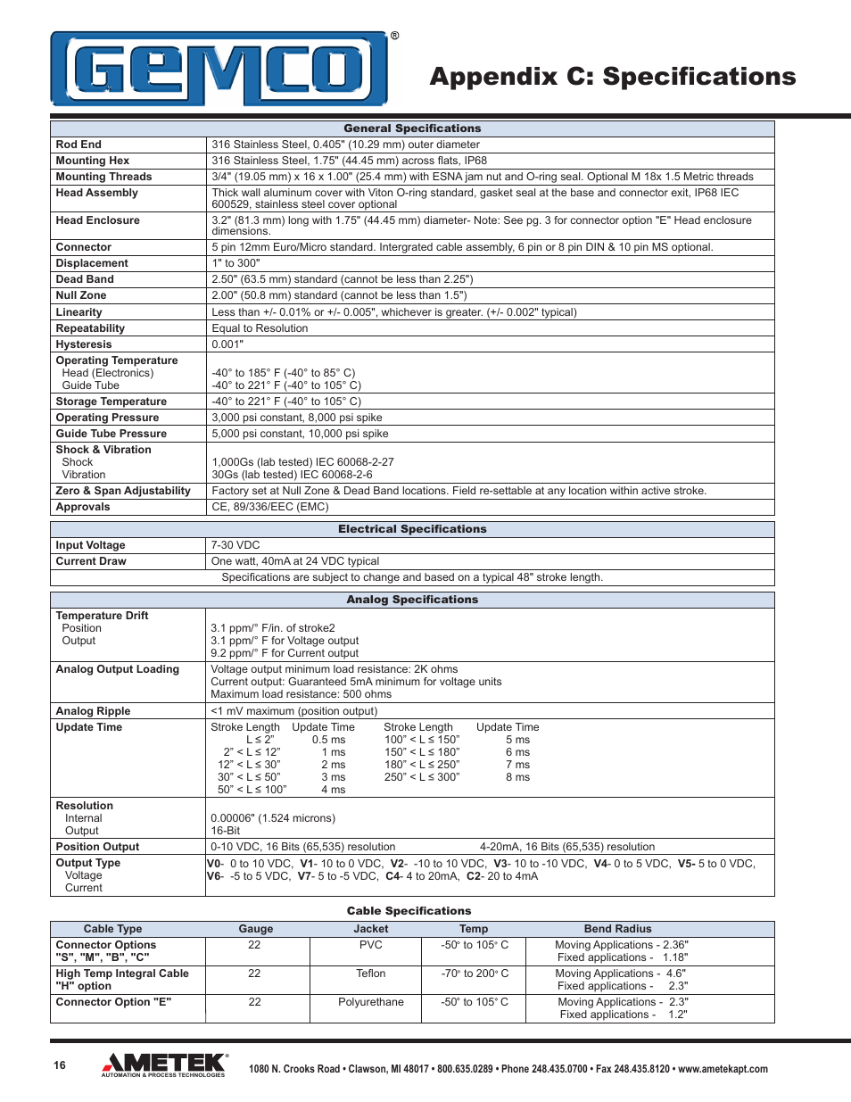 Appendix c: specifications | AMETEK 953 VMAX LDT User Manual | Page 16 / 18
