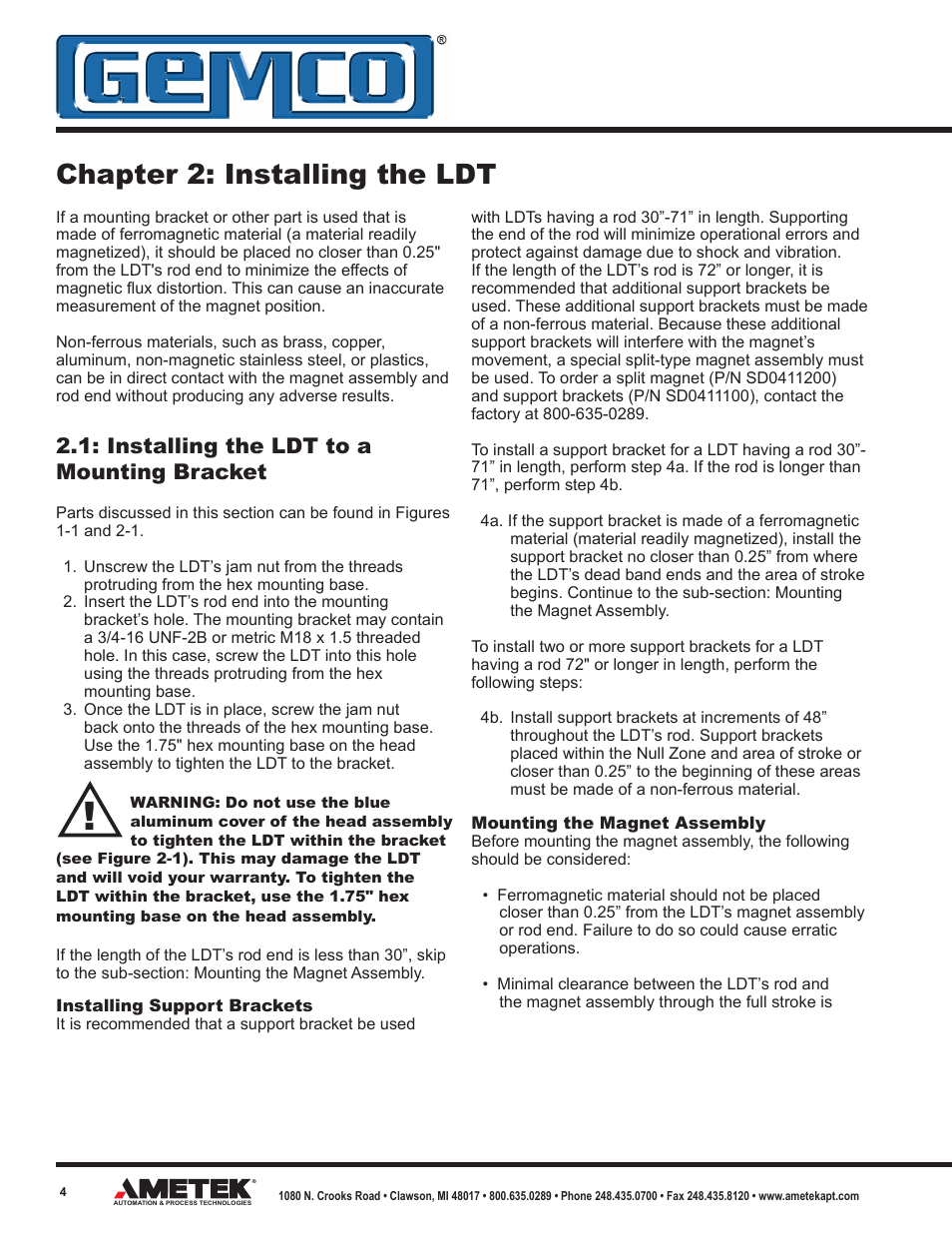 Chapter 2: installing the ldt, Installing the ldt to a mounting bracket | AMETEK 953 VMAX LDT User Manual | Page 4 / 18