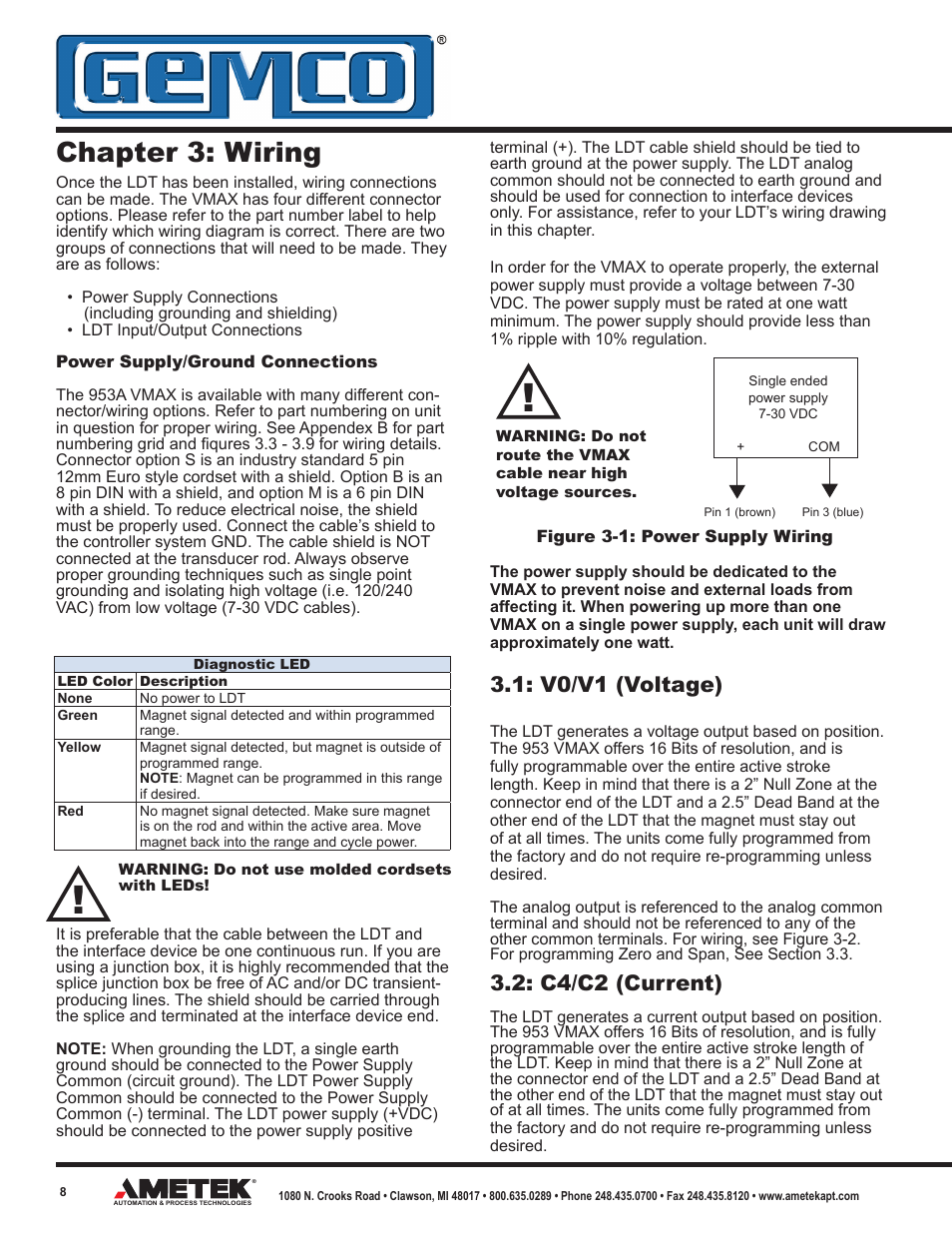Chapter 3: wiring, V0/v1 (voltage), C4/c2 (current) | AMETEK 953 VMAX LDT User Manual | Page 8 / 18