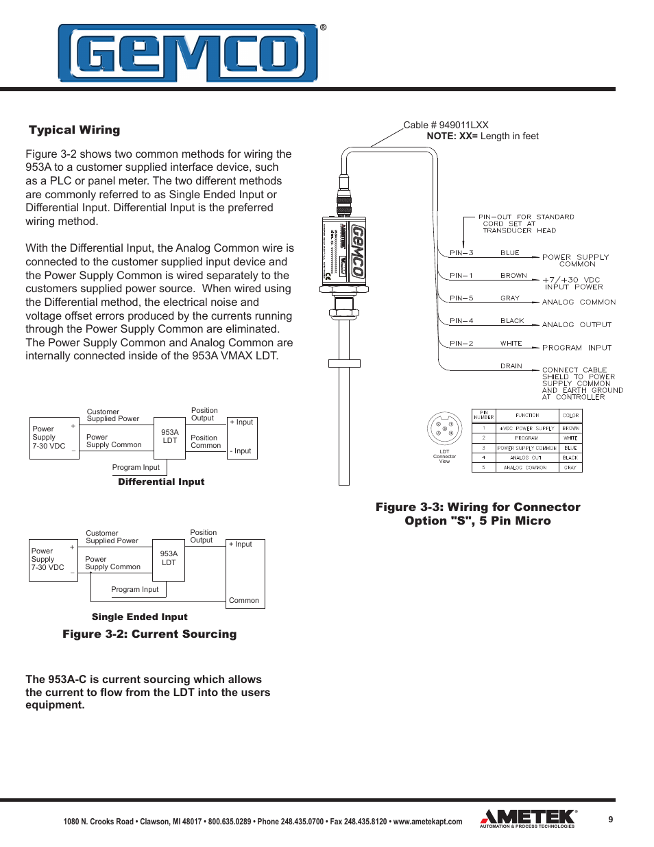 Typical wiring, Figure 3-2: current sourcing | AMETEK 953 VMAX LDT User Manual | Page 9 / 18
