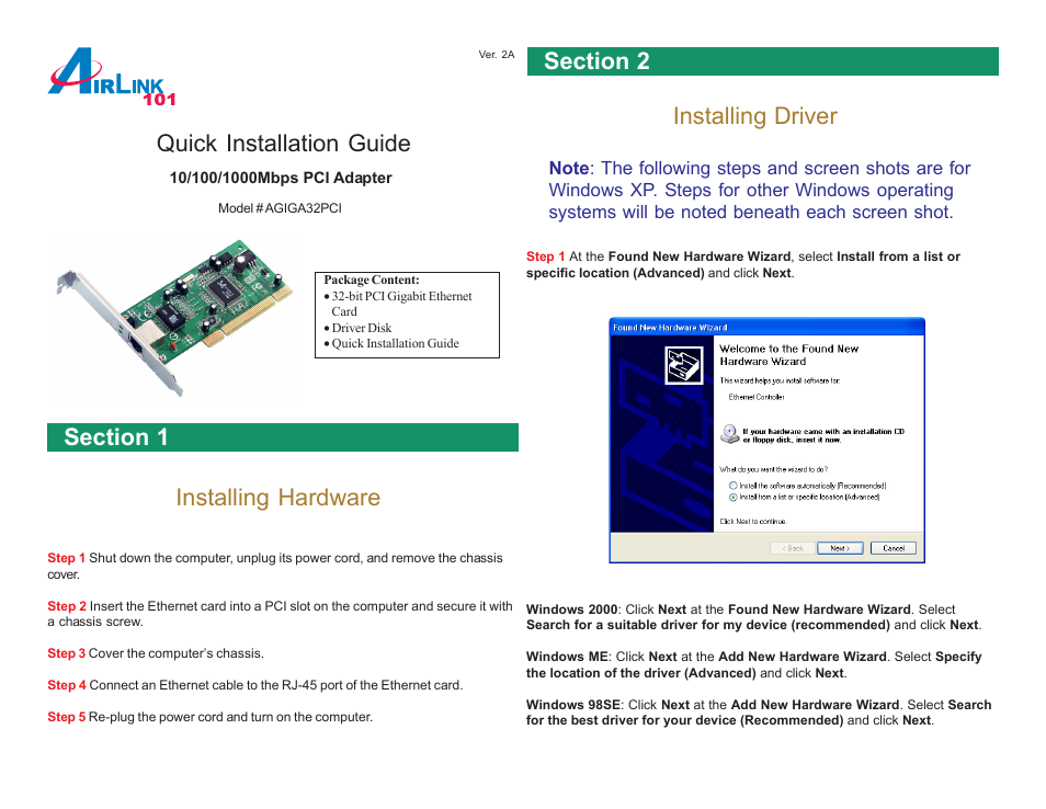 Airlink101 10/100/1000Mbps PCI Adapter AGIGA32PCI User Manual | 4 pages