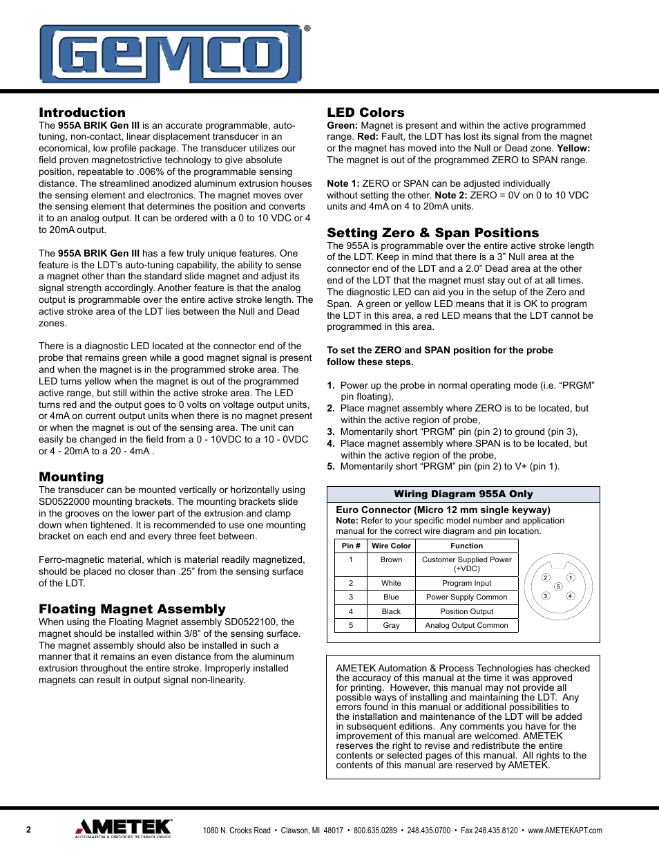 Led colors, Setting zero & span positions, Introduction | Mounting, Floating magnet assembly | AMETEK 955A Brik LDT User Manual | Page 2 / 4