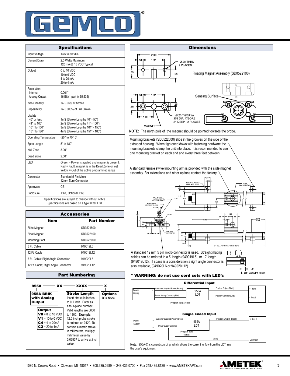 Speciﬁcations, Accessories, Part numbering | Dimensions | AMETEK 955A Brik LDT User Manual | Page 3 / 4