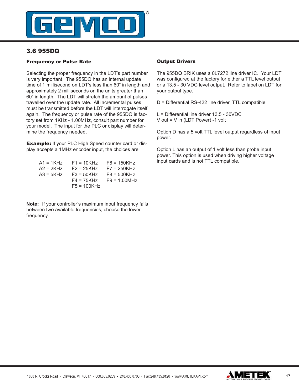 AMETEK 955DQ Brik LDT User Manual | Page 17 / 24