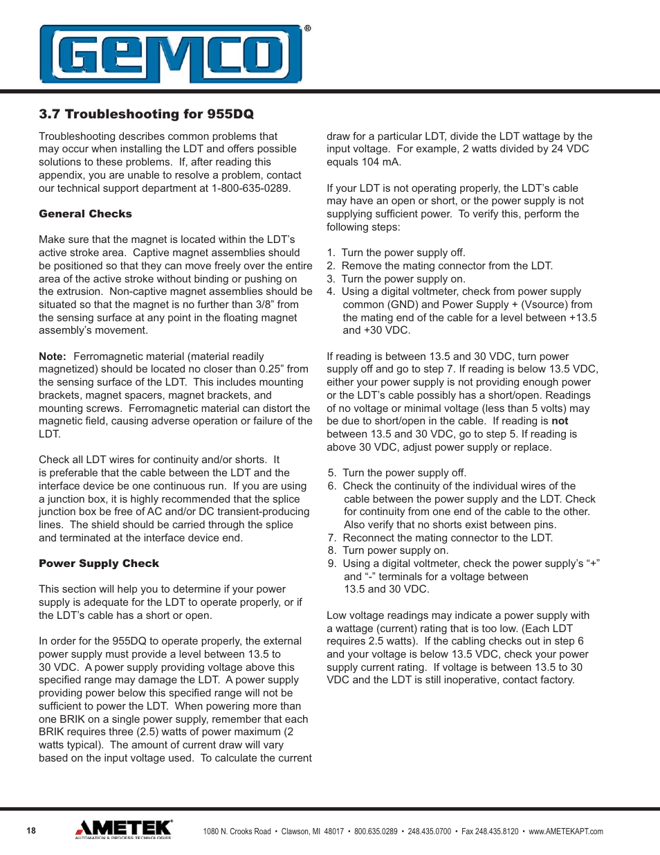 AMETEK 955DQ Brik LDT User Manual | Page 18 / 24