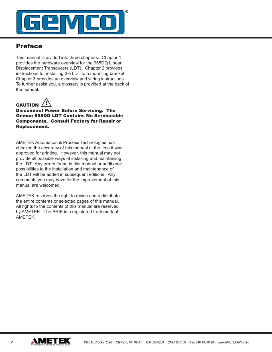 Preface | AMETEK 955DQ Brik LDT User Manual | Page 2 / 24