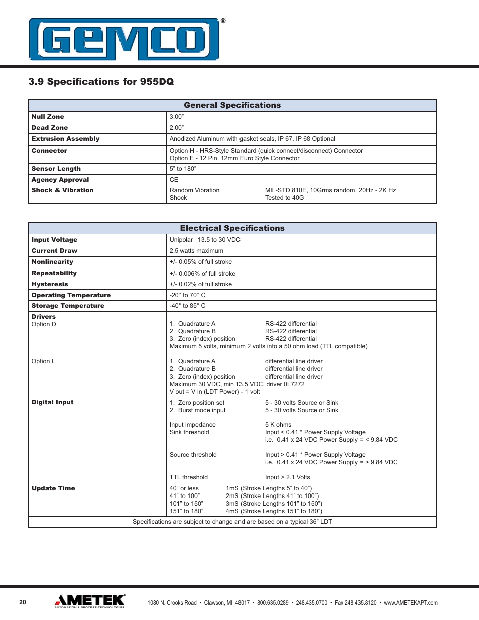 9 speciﬁcations for 955dq | AMETEK 955DQ Brik LDT User Manual | Page 20 / 24