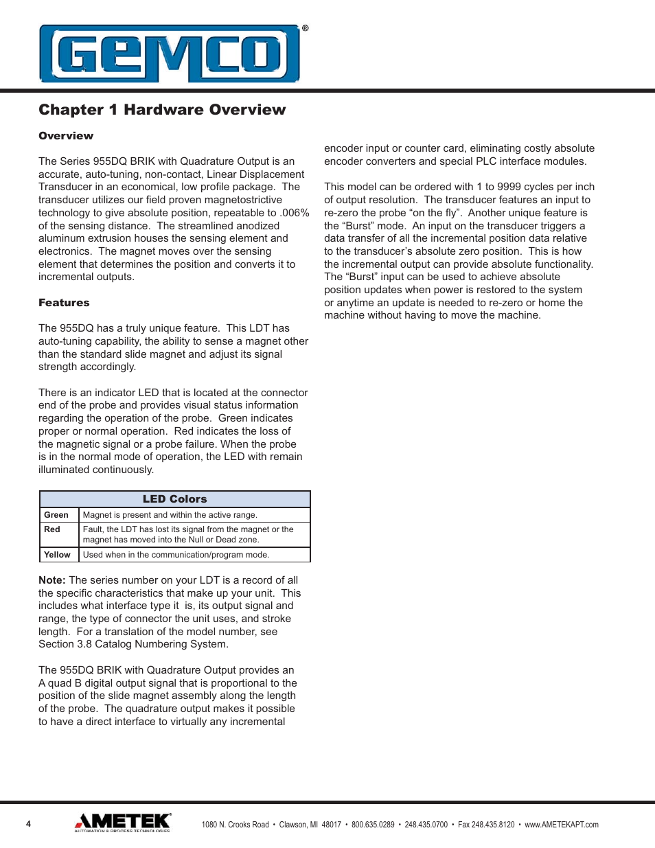 Chapter 1 hardware overview | AMETEK 955DQ Brik LDT User Manual | Page 4 / 24