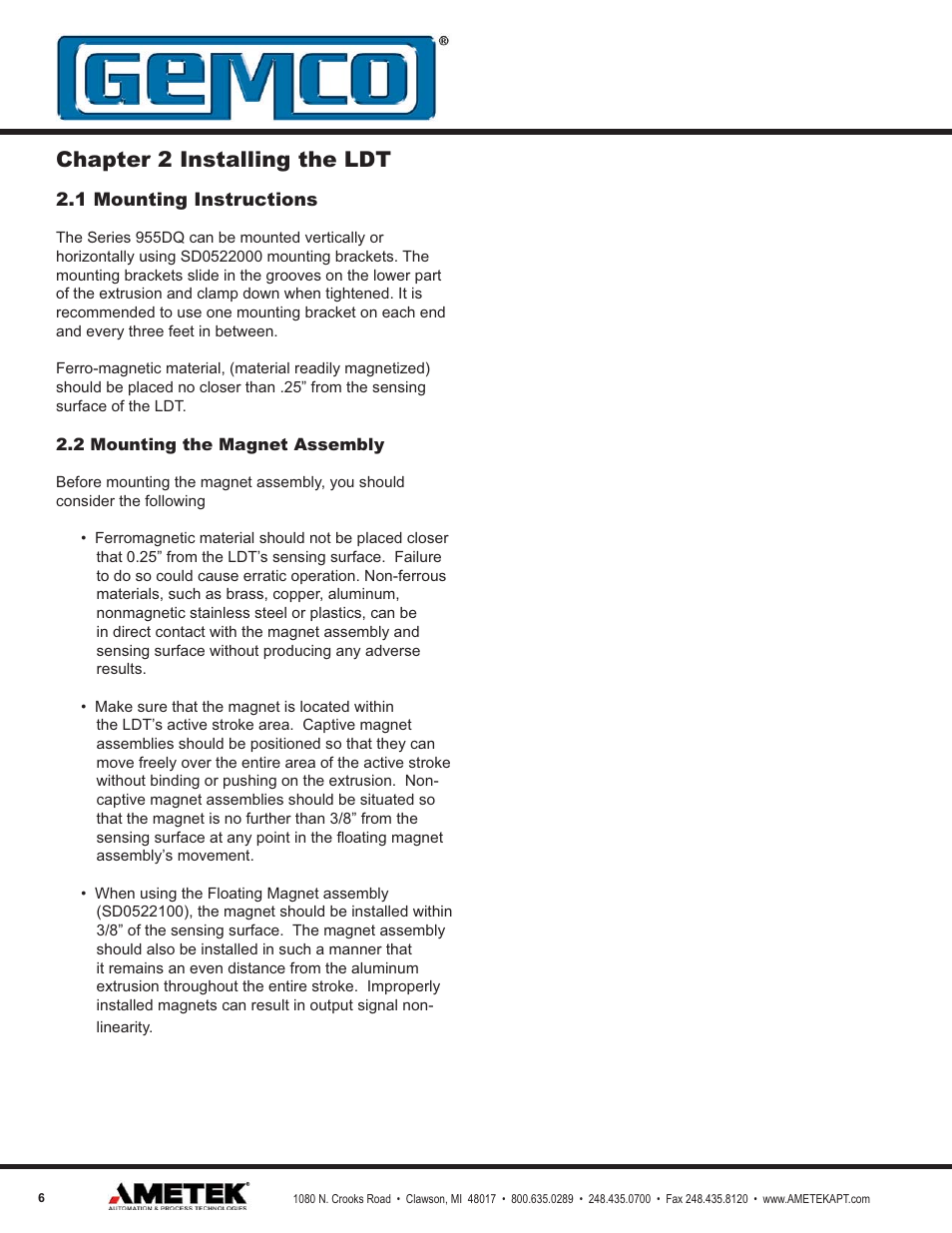 Chapter 2 installing the ldt | AMETEK 955DQ Brik LDT User Manual | Page 6 / 24