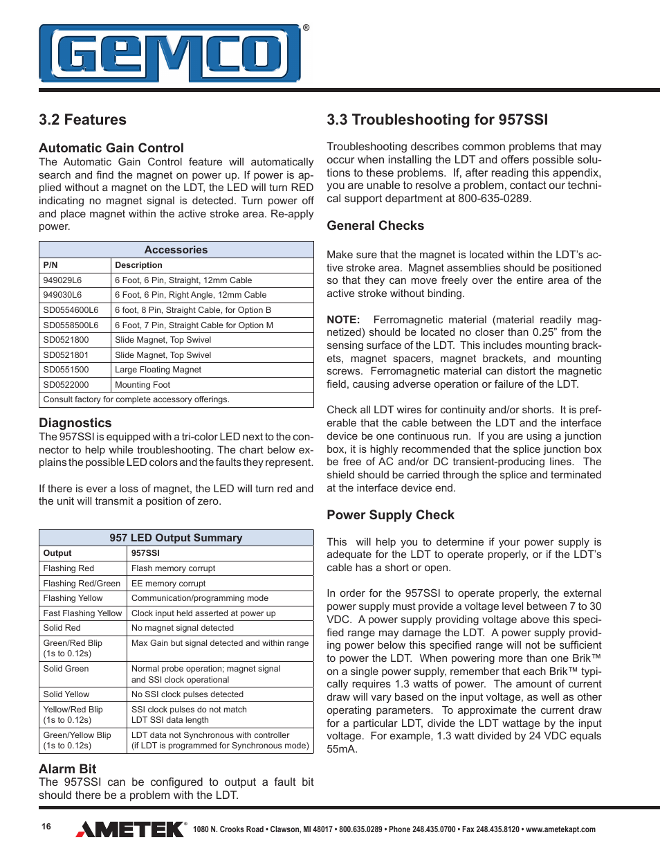 2 features, 3 troubleshooting for 957ssi, Automatic gain control | General checks, Power supply check, Diagnostics, Alarm bit | AMETEK 957 SSI Brik User Manual | Page 16 / 20