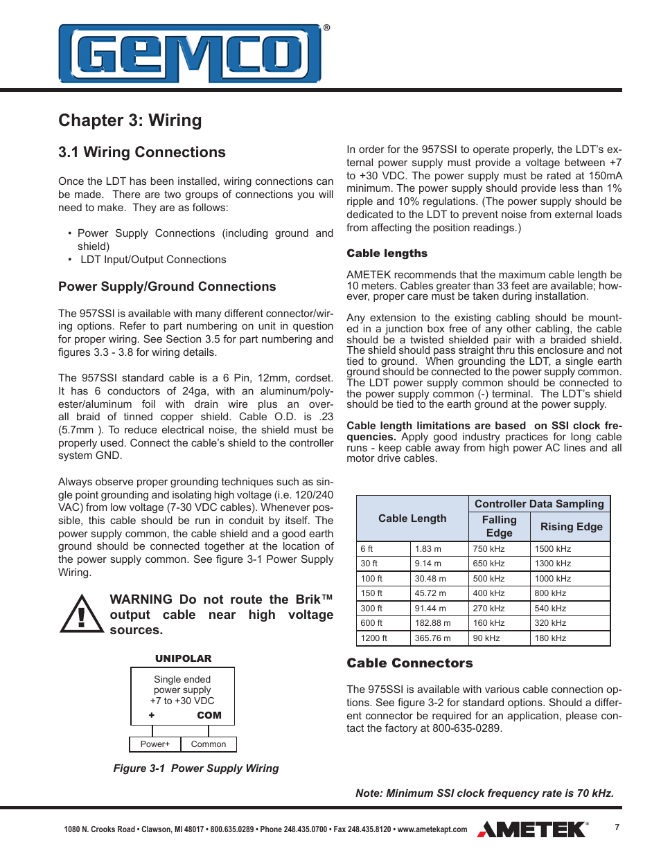 Chapter 3: wiring, 1 wiring connections, Power supply/ground connections | Cable connectors | AMETEK 957 SSI Brik User Manual | Page 7 / 20