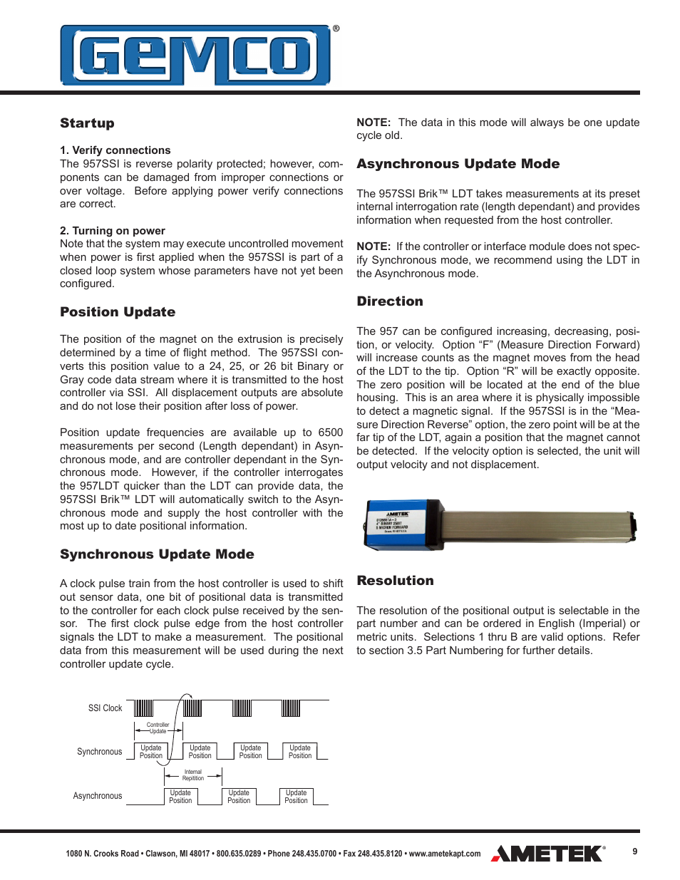 Startup, Position update, Synchronous update mode | Asynchronous update mode, Direction, Resolution | AMETEK 957 SSI Brik User Manual | Page 9 / 20