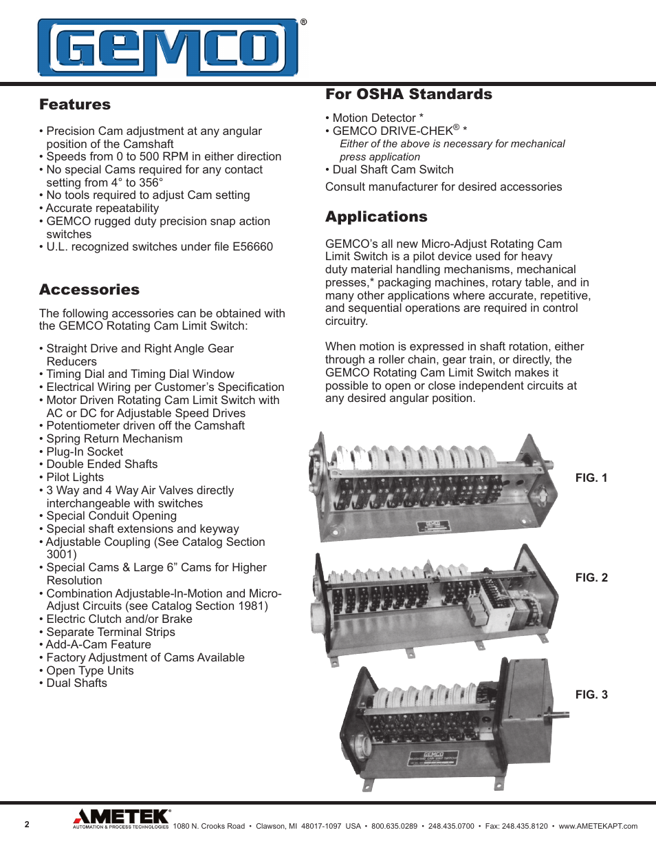 Features, Accessories, For osha standards | Applications | AMETEK 1980 Rotating Cam Limit Switch User Manual | Page 2 / 20