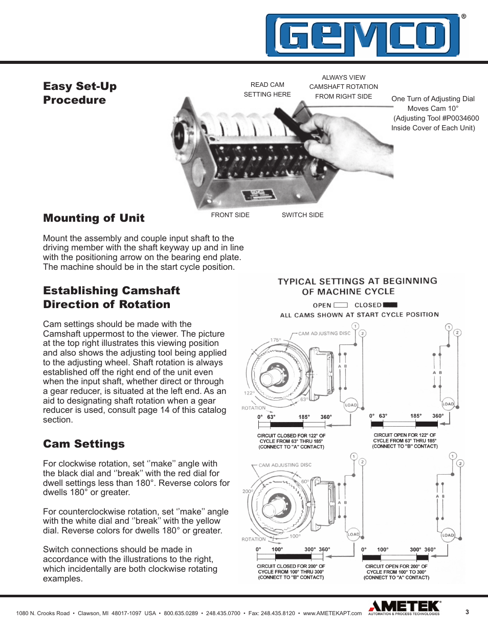 Mounting of unit, Establishing camshaft direction of rotation, Cam settings | Easy set-up procedure | AMETEK 1980 Rotating Cam Limit Switch User Manual | Page 3 / 20