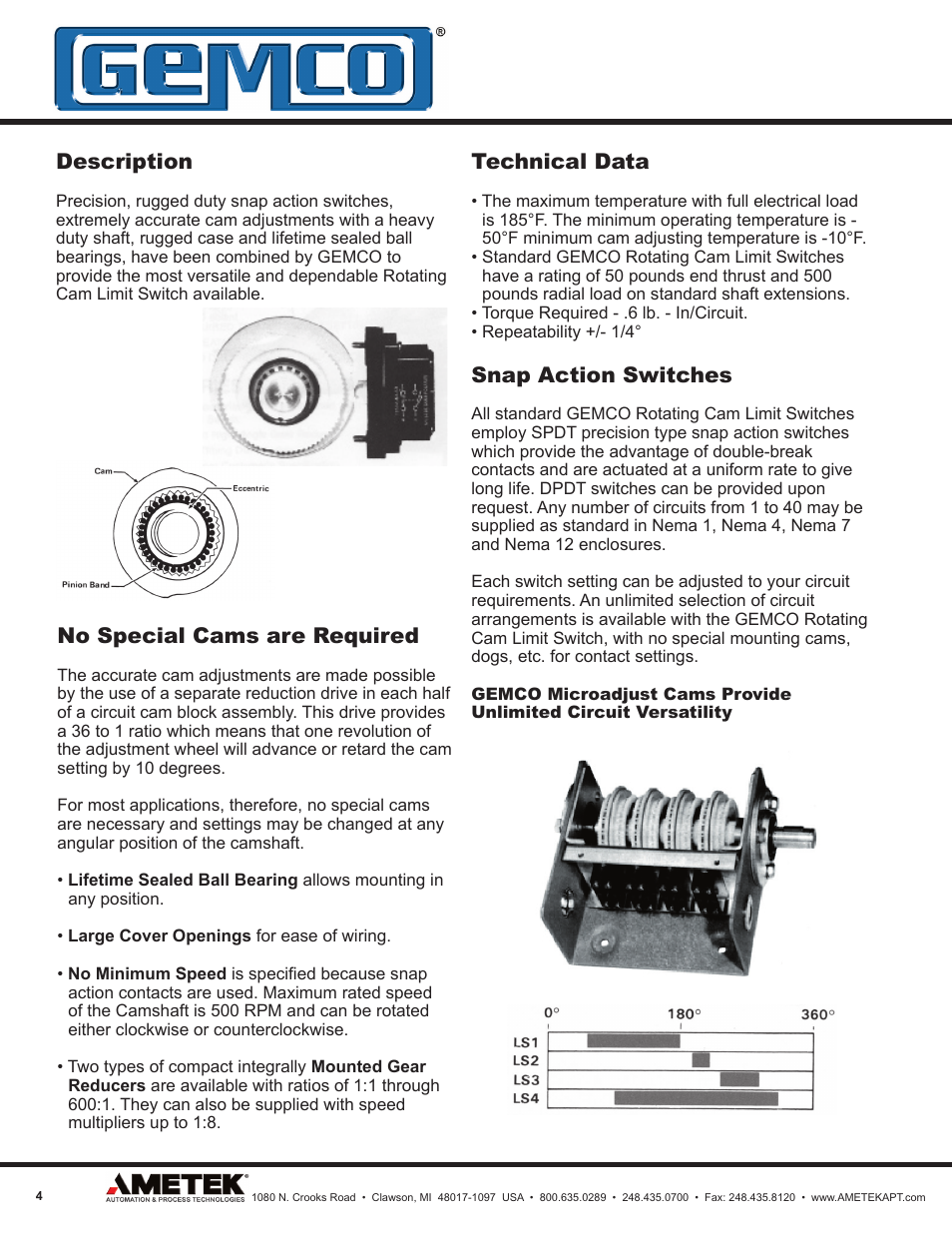 Description, No special cams are required, Technical data | Snap action switches | AMETEK 1980 Rotating Cam Limit Switch User Manual | Page 4 / 20