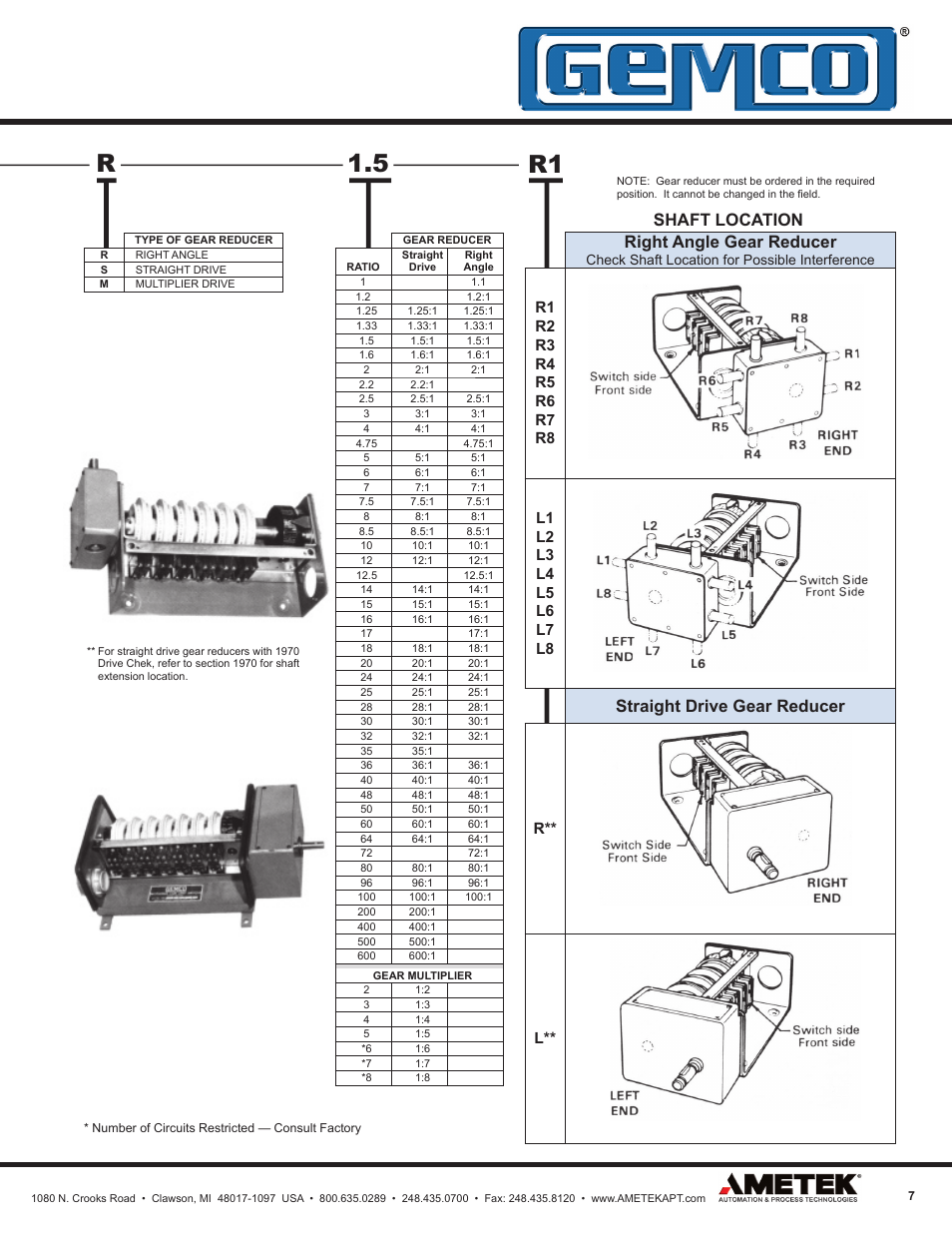 5 r1, Right angle gear reducer, Straight drive gear reducer | Shaft location, R** l | AMETEK 1980 Rotating Cam Limit Switch User Manual | Page 7 / 20