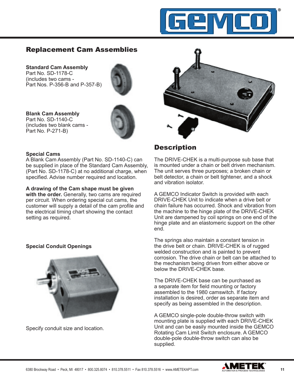 Replacement cam assemblies, Description | AMETEK 1980R Rotating Cam Limit Switch w/Resolver User Manual | Page 11 / 20