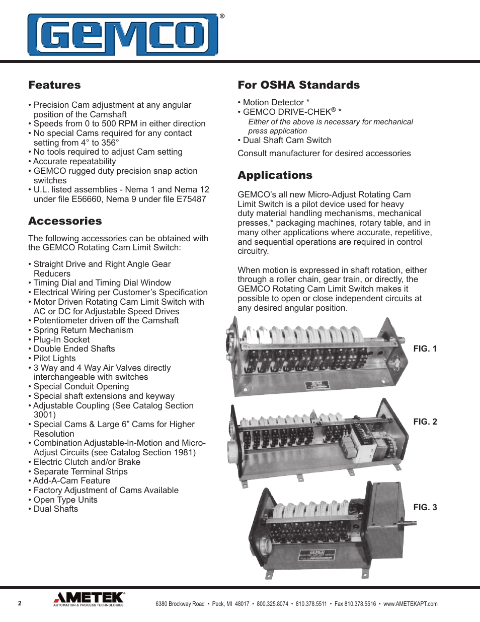 Features, Accessories, For osha standards | Applications | AMETEK 1980R Rotating Cam Limit Switch w/Resolver User Manual | Page 2 / 20