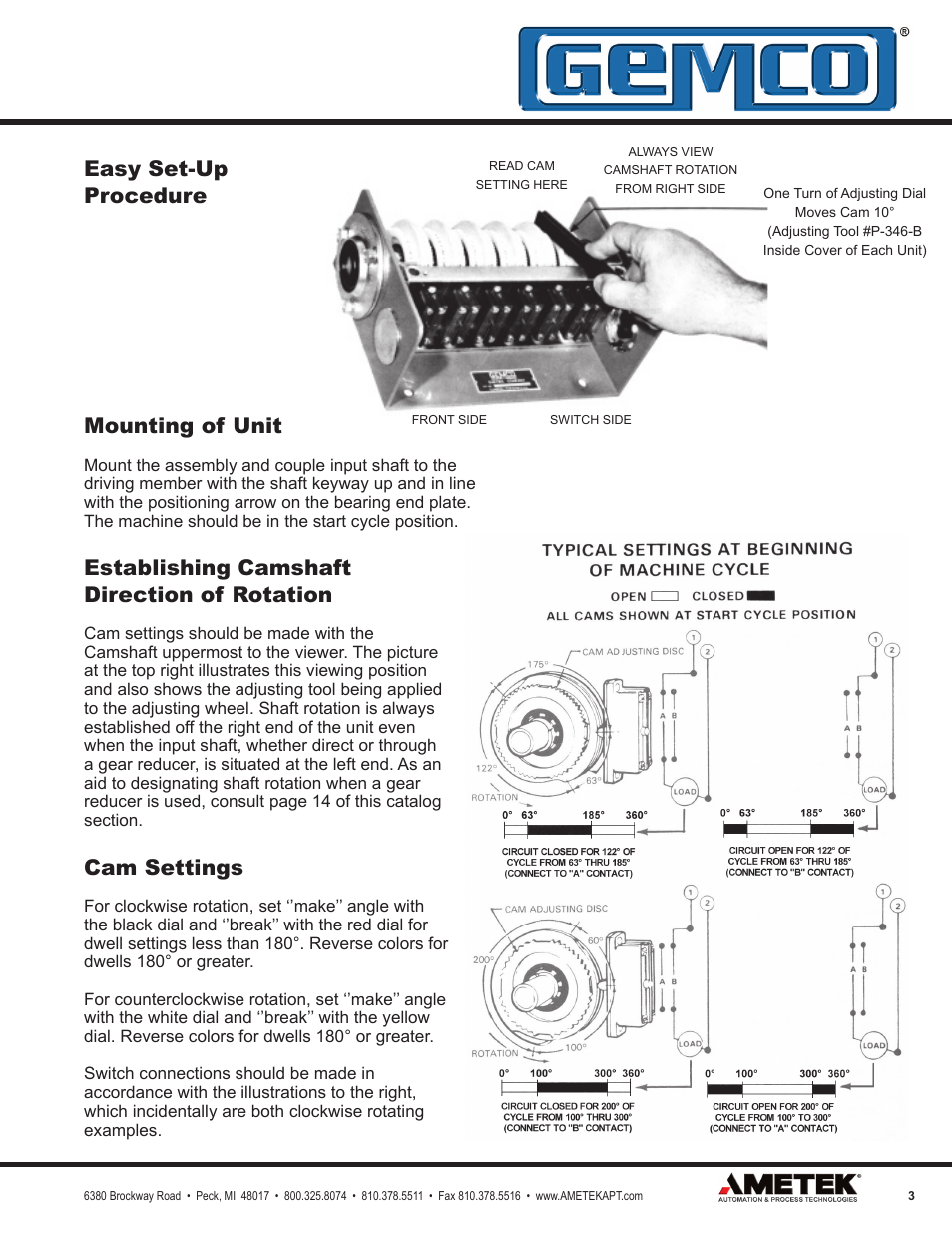 Mounting of unit, Establishing camshaft direction of rotation, Cam settings | Easy set-up procedure | AMETEK 1980R Rotating Cam Limit Switch w/Resolver User Manual | Page 3 / 20