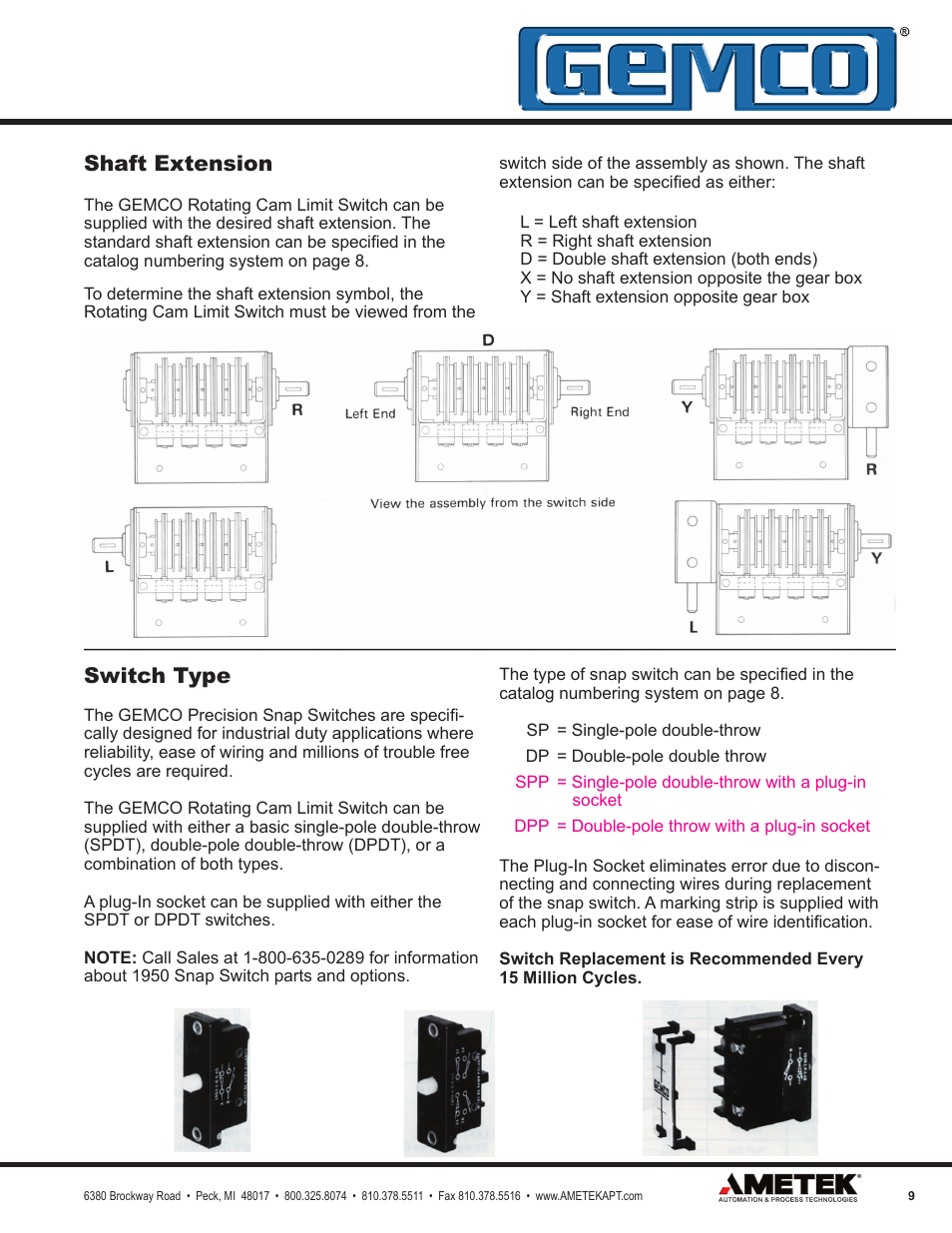 Shaft extension, Switch type | AMETEK 1980R Rotating Cam Limit Switch w/Resolver User Manual | Page 9 / 20