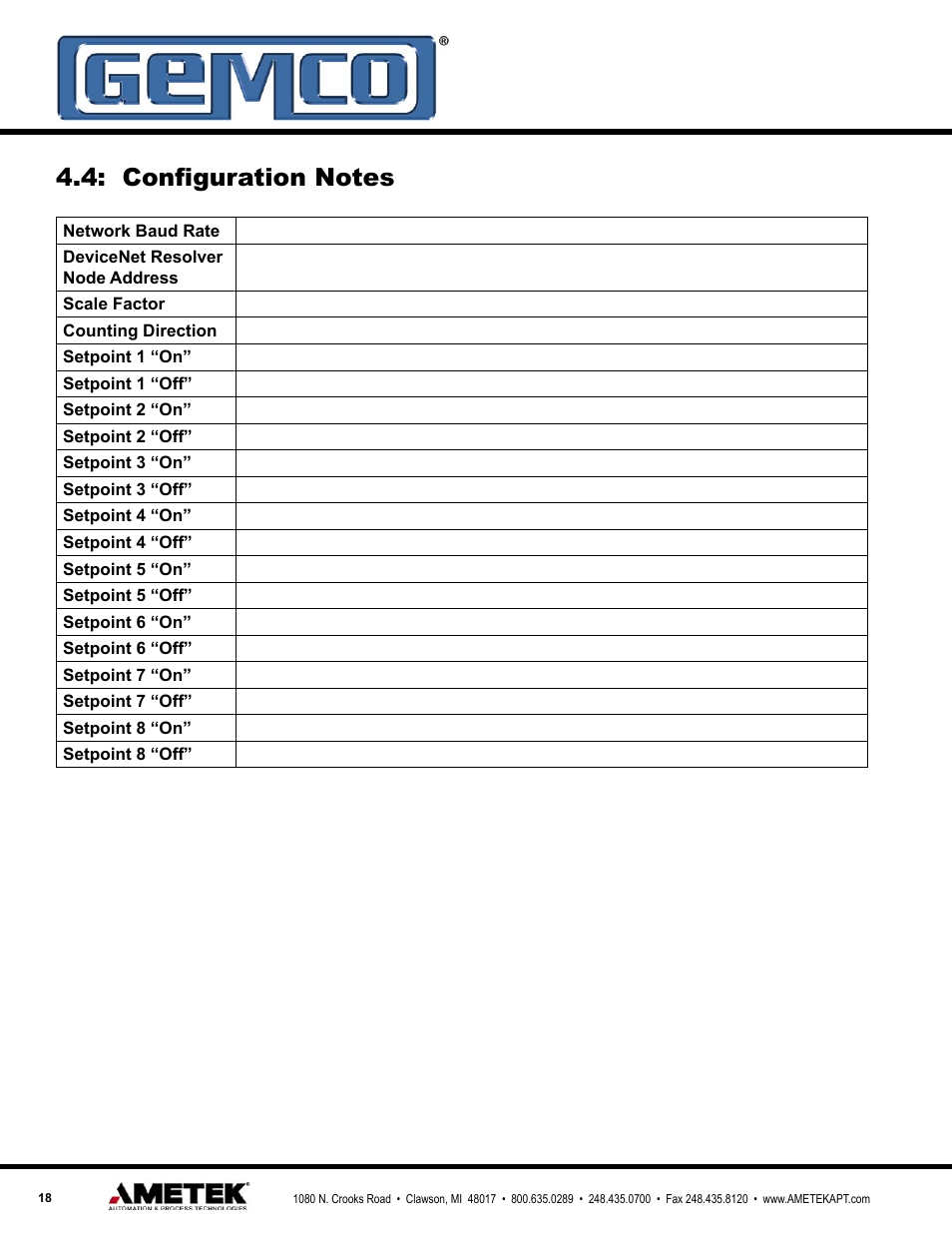 AMETEK 1986 DN DeviceNet Resolver User Manual | Page 18 / 20