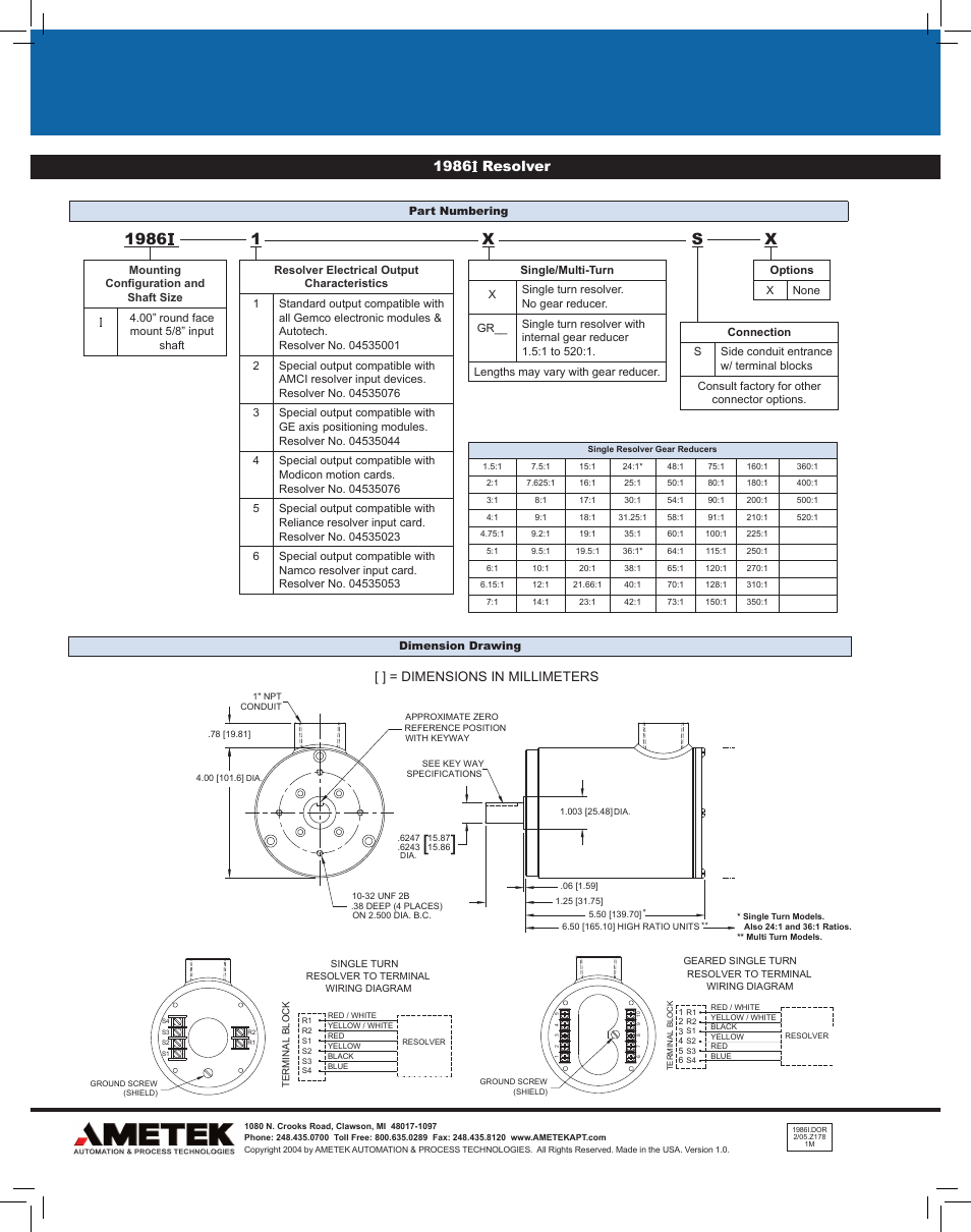 1986l resolver, Dimensions in millimeters, Caution | AMETEK 1986I 4 User Manual | Page 2 / 2