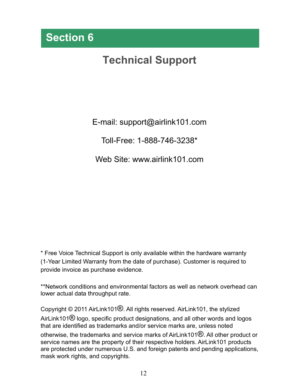 Technical support | Airlink101 AGSW1600 User Manual | Page 13 / 13
