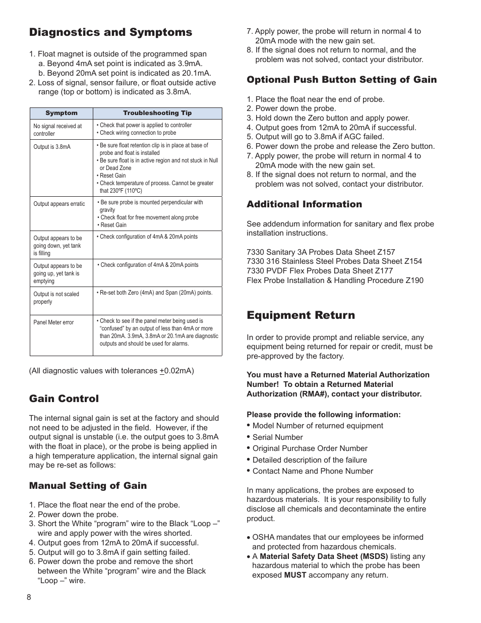 Equipment return, Diagnostics and symptoms, Gain control | Manual setting of gain, Optional push button setting of gain, Additional information | AMETEK 7330 Pro-Stik II User Manual | Page 8 / 12