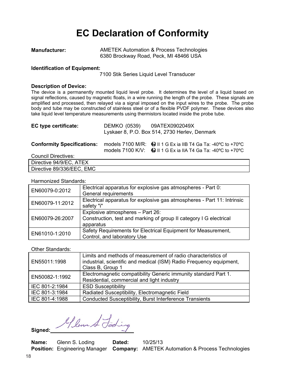 Ec declaration of conformity | AMETEK 7100 Leak Detect Stik User Manual | Page 20 / 22